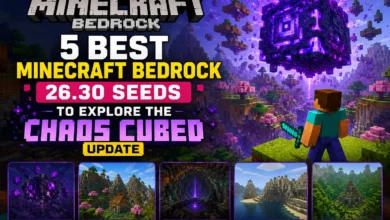 Minecraft Bedrock 26.30 seeds world featuring Sulfur Cave biome and nearby village