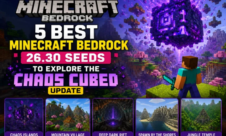Minecraft Bedrock 26.30 seeds world featuring Sulfur Cave biome and nearby village