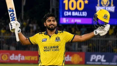 Aman Hakim Khan celebrates after scoring 129 off 43 balls in Pondicherry Premier League 2026