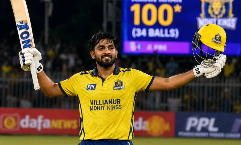 Aman Hakim Khan celebrates after scoring 129 off 43 balls in Pondicherry Premier League 2026