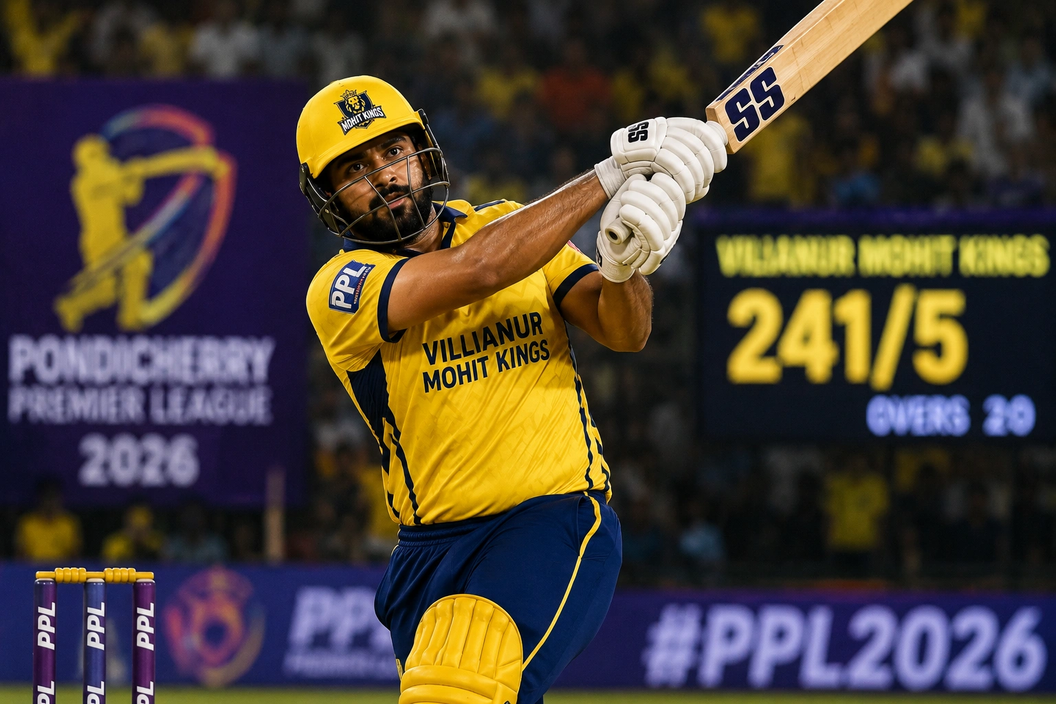 Aman Khan hitting a six during his 129-run innings
