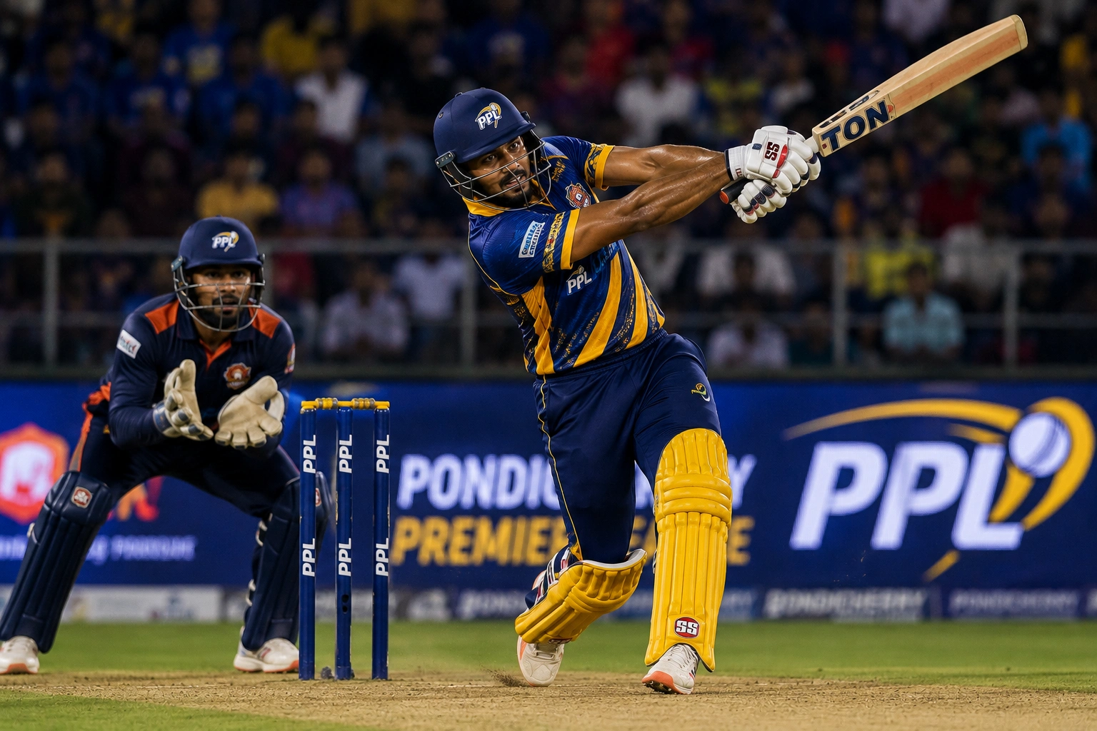 Aman Khan playing attacking shots during Pondicherry Premier League 2026 match