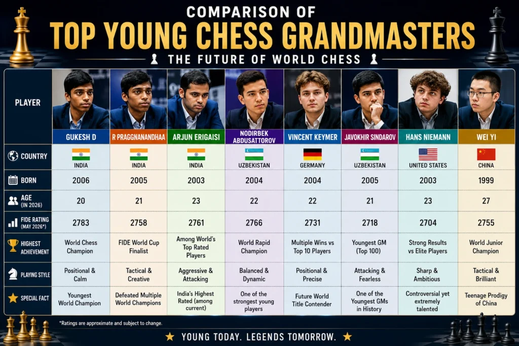Comparison of top young chess grandmasters by country and achievements.