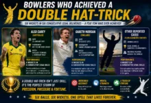 Bowler celebrating a rare double hat-trick in cricket during an international match