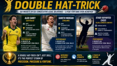 Bowler celebrating a rare double hat-trick in cricket during an international match