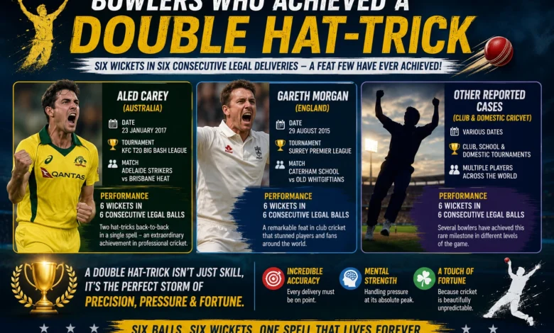 Bowler celebrating a rare double hat-trick in cricket during an international match