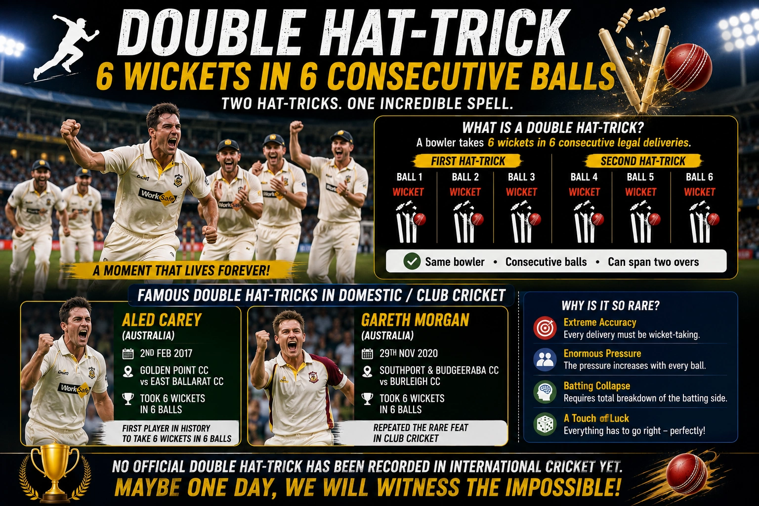 Cricket team celebrating six wickets in six consecutive balls double hat-trick match impact