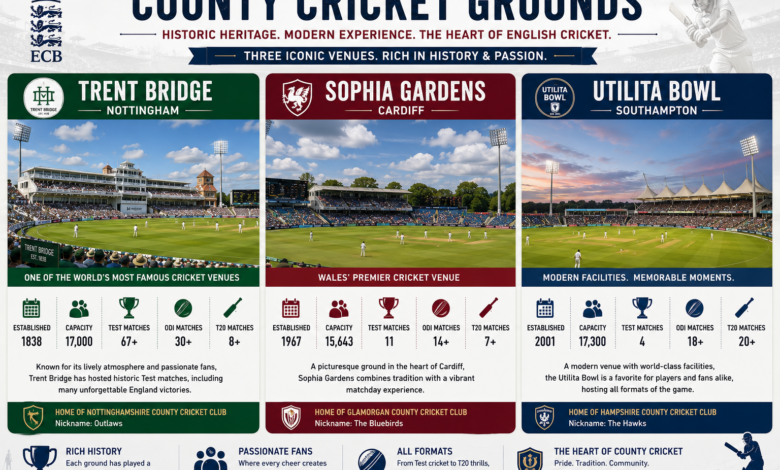Collage of most iconic England Cricket Grounds, including Lord's, The Oval, Edgbaston, Headingley, and Old Trafford during international matches.
