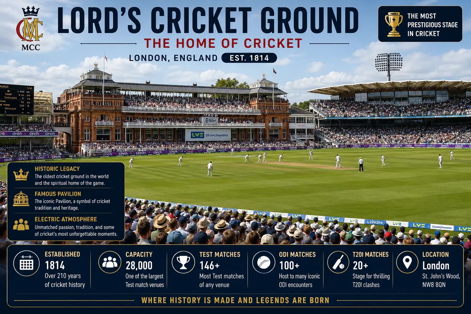 A vibrant match-day scene at Lord's Cricket Ground, highlighting the historic Pavilion, Long Room, lush outfield, and spectators enjoying a Test match.