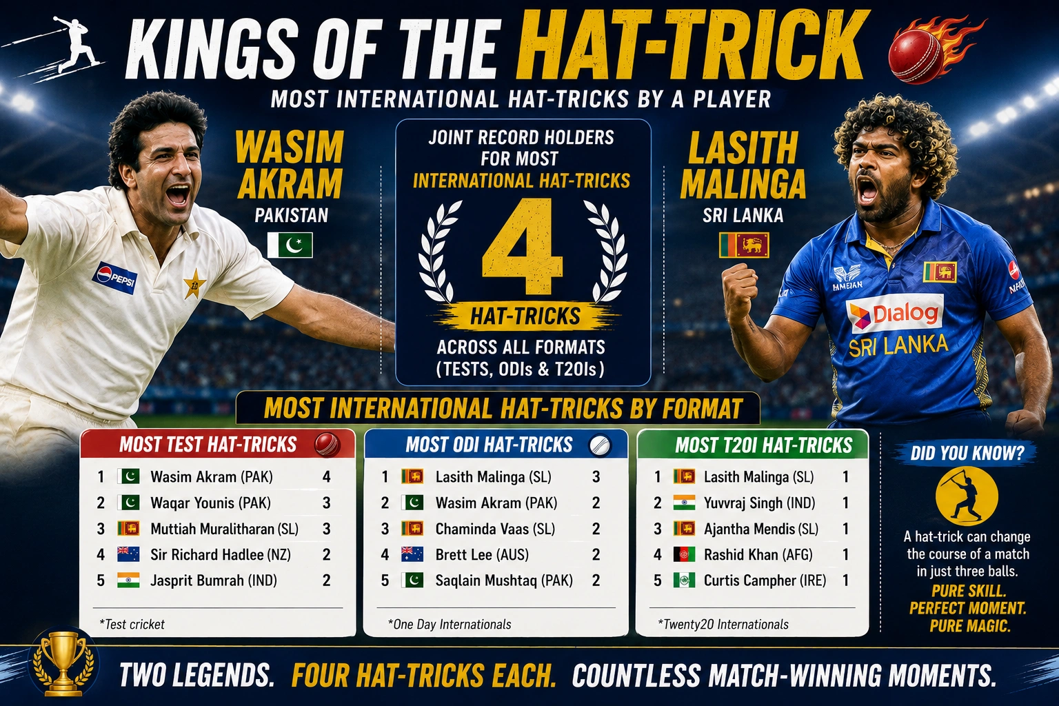 Wasim Akram and Lasith Malinga international cricket hat-trick record