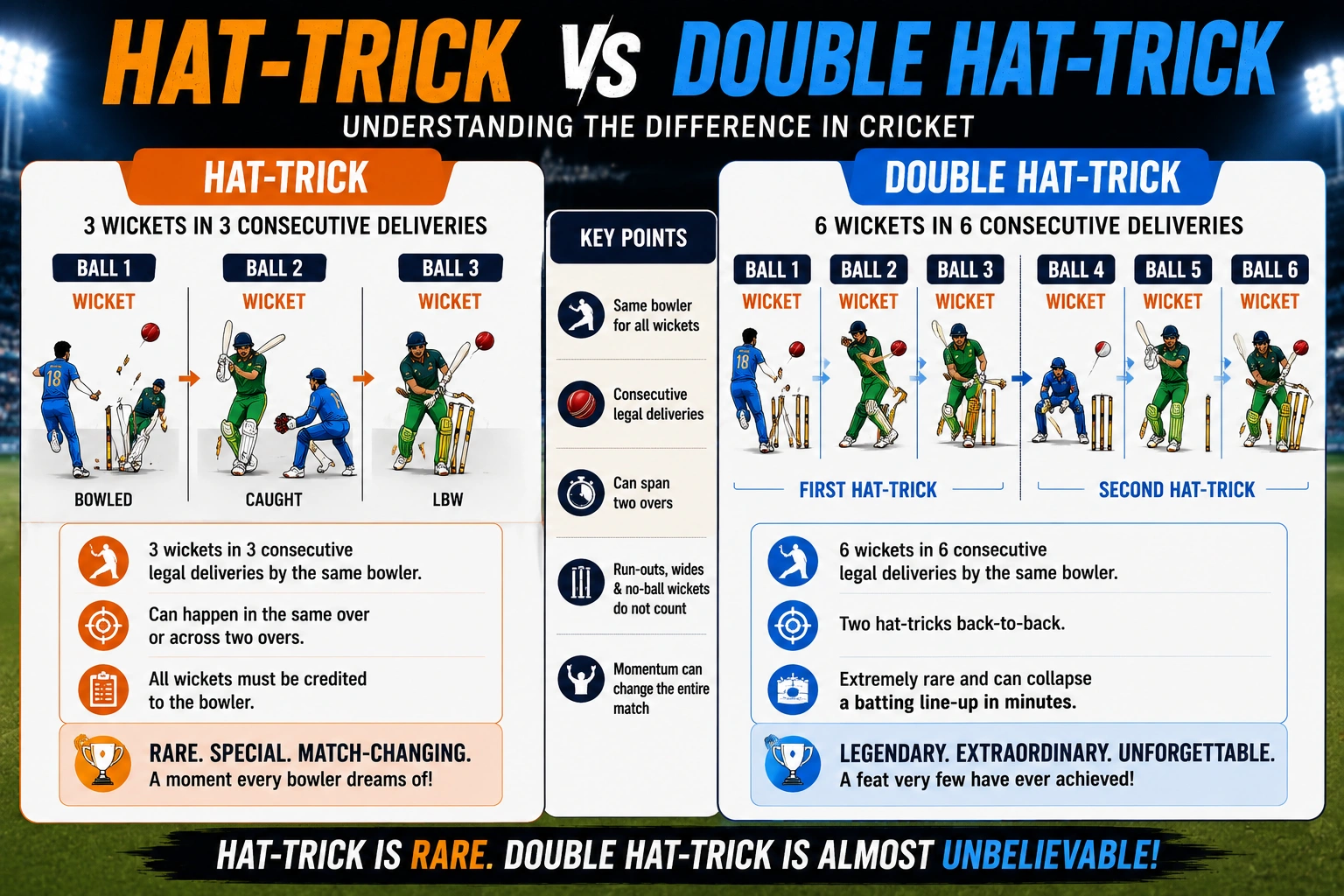 Hat-trick vs double hat-trick in cricket infographic showing three wickets and six wickets in consecutive balls