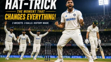 Cricket bowler celebrating after taking a hat-trick during a high-pressure international match