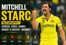 Mitchell Starc Biography – Australian fast bowler celebrating during an international cricket match, highlighting his career, stats, family, height, and cricket journey