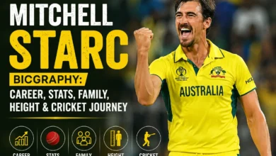 Mitchell Starc Biography – Australian fast bowler celebrating during an international cricket match, highlighting his career, stats, family, height, and cricket journey