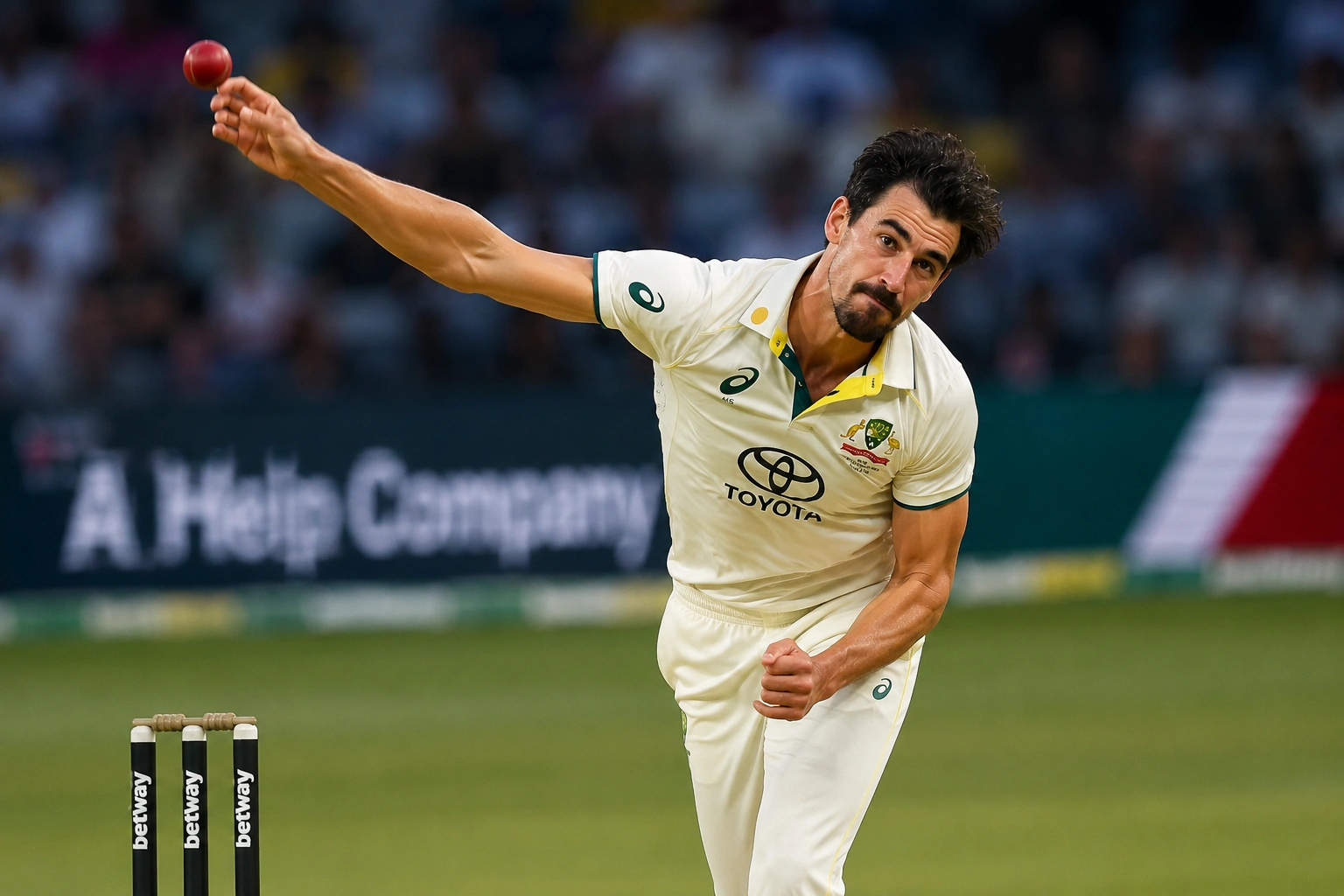 Mitchell Starc bowling a fast inswinging delivery in a Test match for Australia