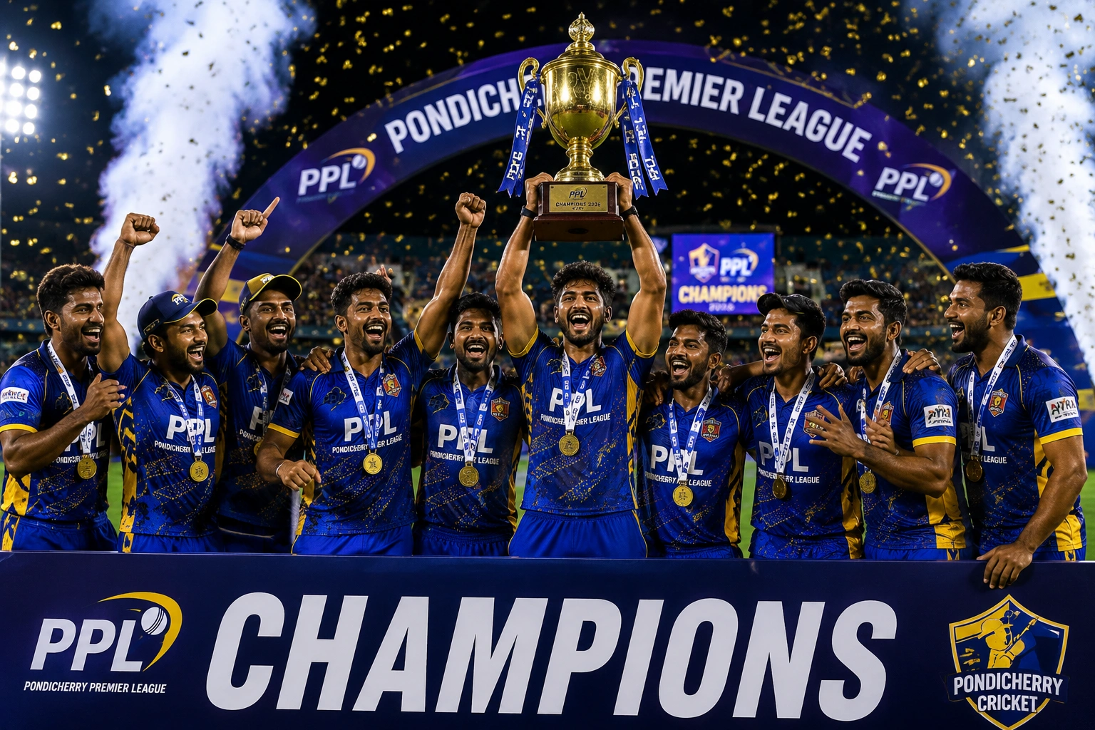 Players celebrating victory in the Pondicherry Premier League