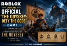 Roblox The Odyssey Defy the Gods official game featuring Odysseus sailing through stormy seas ahead of Christopher Nolan's movie release