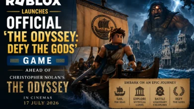 Roblox The Odyssey Defy the Gods official game featuring Odysseus sailing through stormy seas ahead of Christopher Nolan's movie release