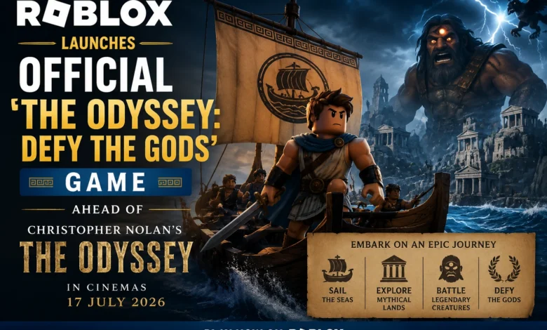 Roblox The Odyssey Defy the Gods official game featuring Odysseus sailing through stormy seas ahead of Christopher Nolan's movie release