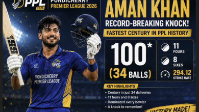 Scoreboard showing Aman Khan's record-breaking century in PPL 2026