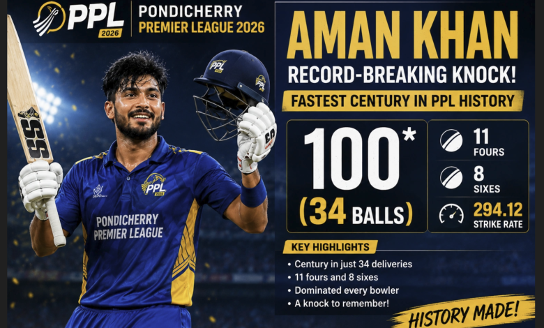 Scoreboard showing Aman Khan's record-breaking century in PPL 2026