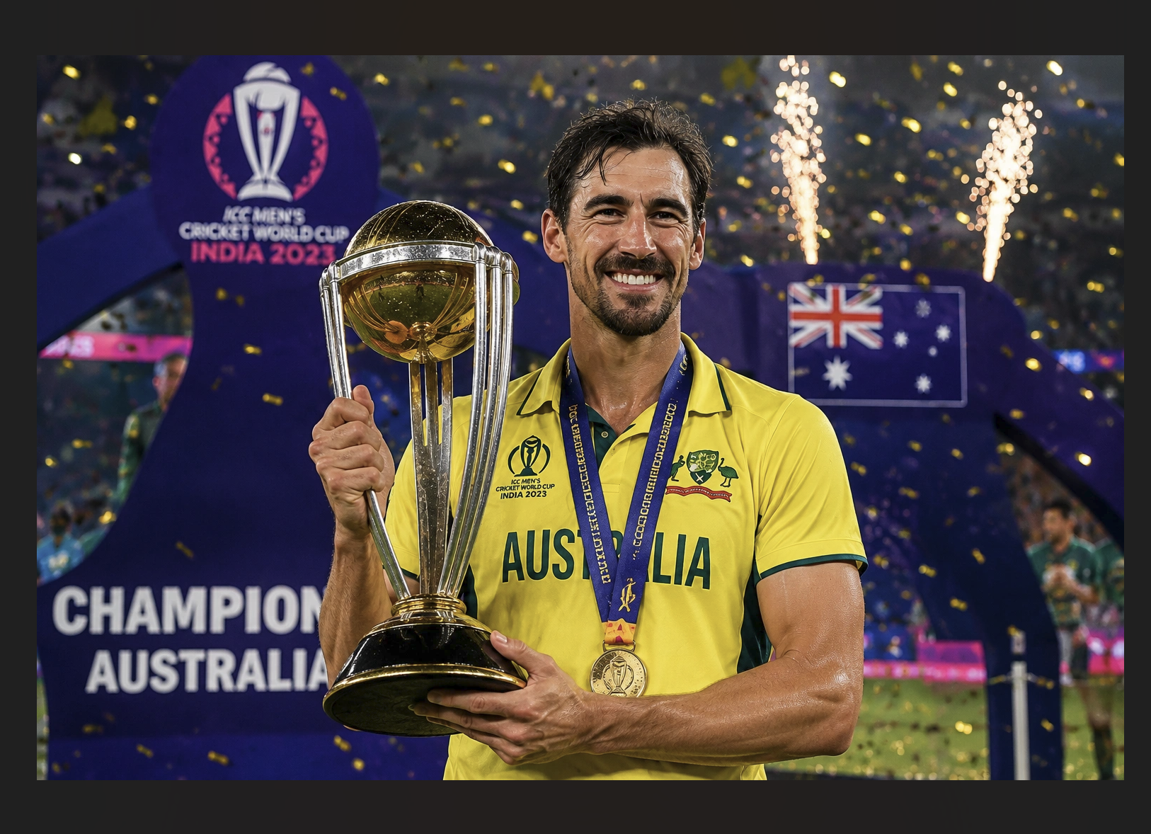 Mitchell Starc holding the ICC Cricket World Cup trophy after Australia's title victory
