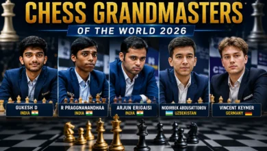Top young chess grandmasters of the world in 2026 featuring Gukesh D, Praggnanandhaa, Arjun Erigaisi, Nodirbek Abdusattorov, and Vincent Keymer.