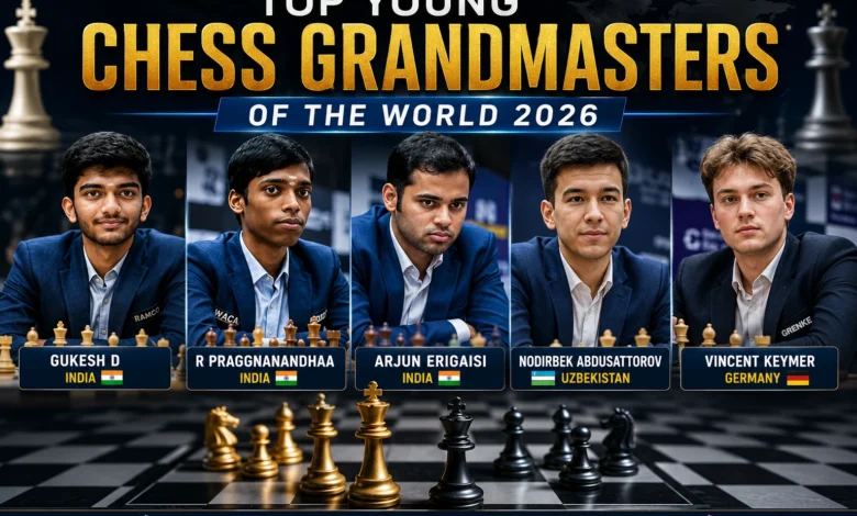 Top young chess grandmasters of the world in 2026 featuring Gukesh D, Praggnanandhaa, Arjun Erigaisi, Nodirbek Abdusattorov, and Vincent Keymer.