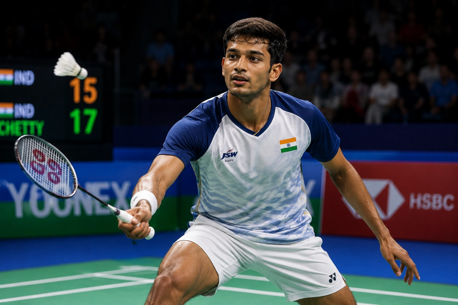 Chirag Shetty at the badminton court during an international tournament