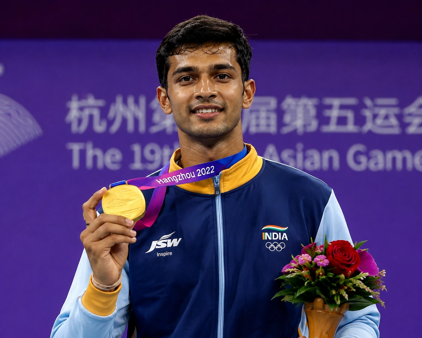 Chirag Shetty receiving Asian Games badminton gold medal