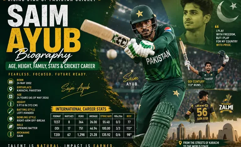 Saim Ayub playing an attacking cover drive for Pakistan during an international cricket match