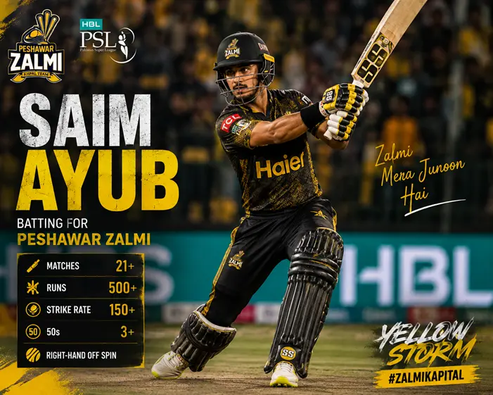 Saim Ayub batting for Peshawar Zalmi in the Pakistan Super League