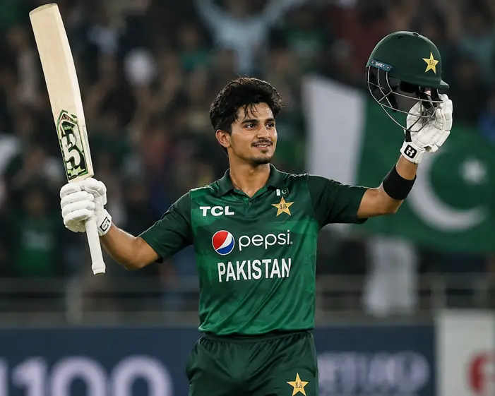 Saim Ayub celebrating an ODI century for Pakistan