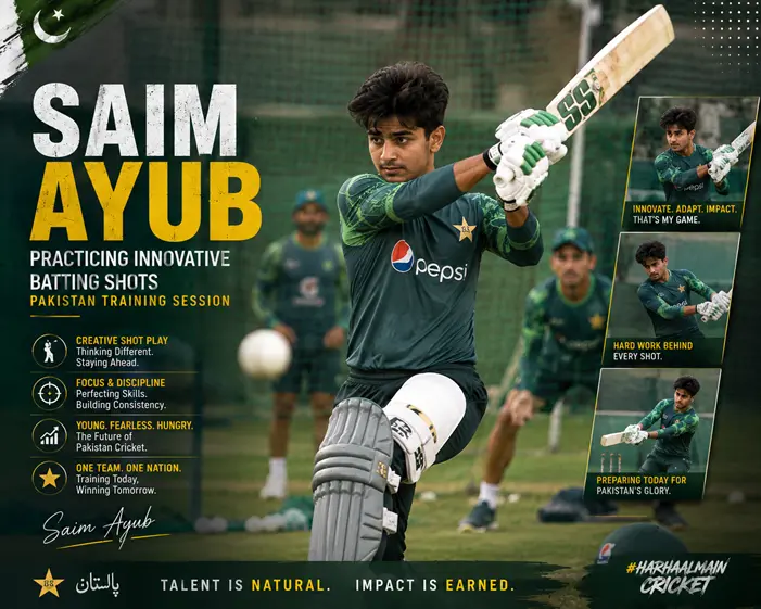Saim Ayub practicing innovative batting shots during a Pakistan training session