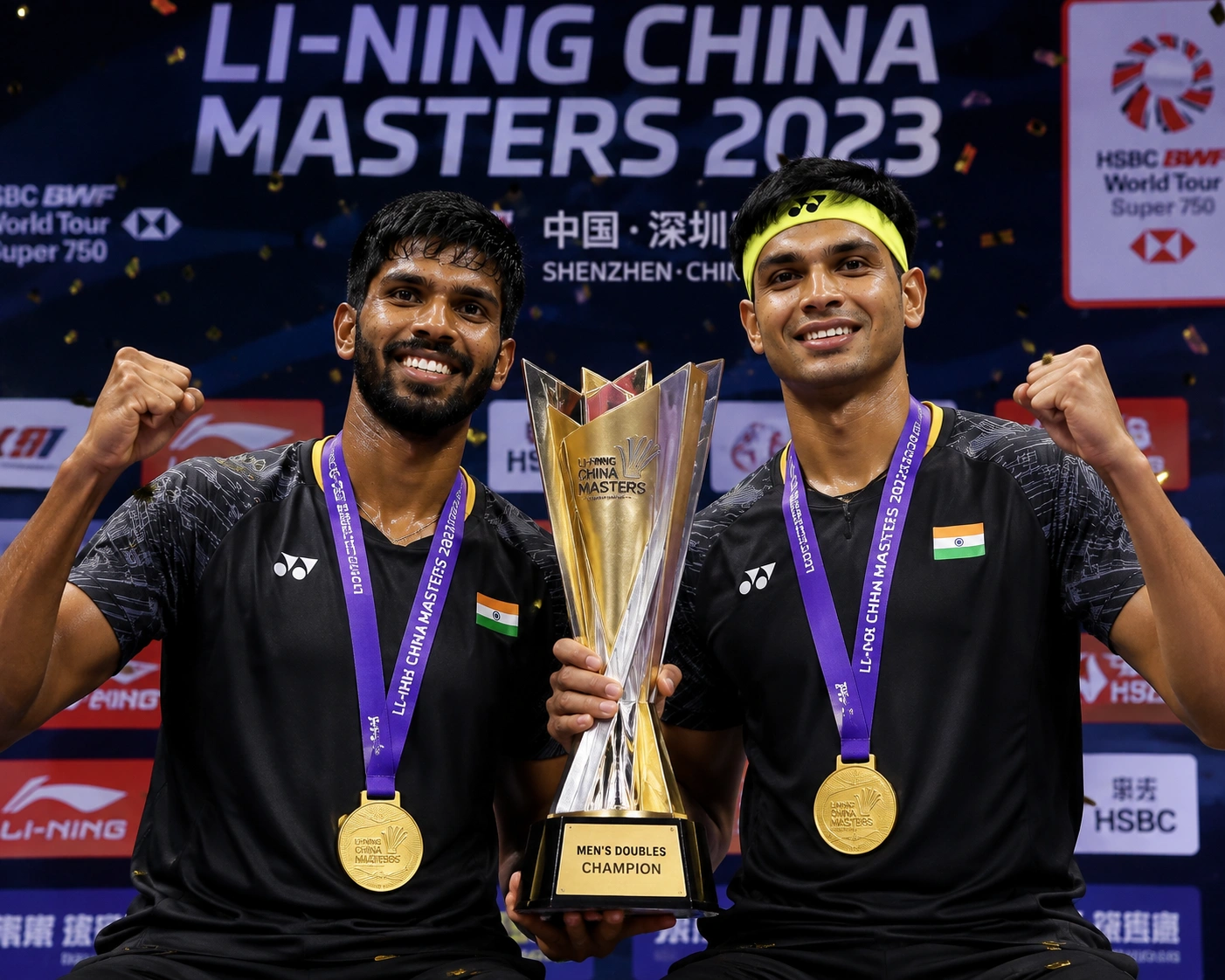 Satwiksairaj Rankireddy and Chirag Shetty celebrating China Masters title