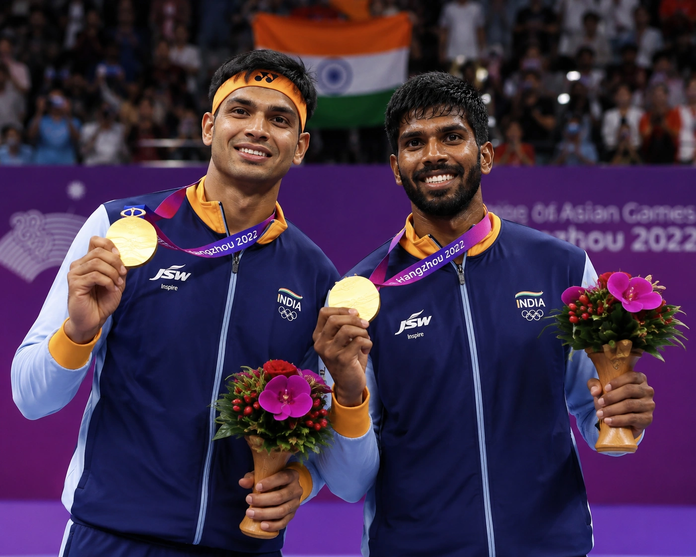 Satwiksairaj Rankireddy and Chirag Shetty winning Asian Games gold medal